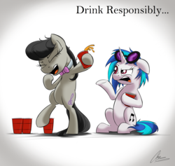 Size: 3121x2953 | Tagged: safe, artist:oinktweetstudios, dj pon-3, octavia melody, vinyl scratch, earth pony, pony, unicorn, g4, cup, drunk, drunktavia, duo, eyes closed, female, high res, holiday, mare, saint patrick's day, smiling, sunglasses