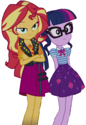 Size: 1410x2048 | Tagged: safe, edit, edited screencap, editor:php77, screencap, sci-twi, sunset shimmer, twilight sparkle, equestria girls, fomo, g4, my little pony equestria girls: better together, bad edit, clothes, duo, duo female, female, geode of empathy, geode of fauna, geode of shielding, geode of sugar bombs, geode of super speed, geode of super strength, geode of telekinesis, magical geodes, not a vector, skirt