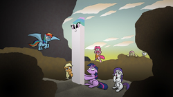 Size: 2732x1536 | Tagged: safe, artist:banebuster, angel bunny, applejack, fluttershy, pinkie pie, princess celestia, rainbow dash, rarity, twilight sparkle, earth pony, pony, unicorn, 2001: a space odyssey, 3:, :i, :o, bipedal, bone in hair, cave pony, caveman, cavemare, female, floppy ears, flying, frown, glare, gritted teeth, hiding, horrified, loincloth, looking at something, looking up, mane six, mare, messy mane, missing cutie mark, monolith, movie reference, open mouth, peeking, prehistoric, primitive, pterosaur wings, race swap, raised eyebrow, scared, smiling, species swap, spread wings, unicorn twilight, wat, wide eyes, wings