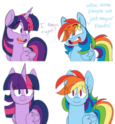 Size: 1484x1598 | Tagged: safe, artist:taaffeiite, derpibooru exclusive, rainbow dash, twilight sparkle, alicorn, pegasus, pony, g4, bronybait, colored sketch, dialogue, duo, eye clipping through hair, female, fourth wall, looking at you, mare, open mouth, simple background, sketch, twilight sparkle (alicorn), white background