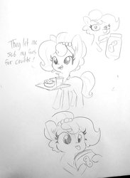 Size: 1277x1741 | Tagged: safe, artist:tjpones, oc, oc only, oc:brownie bun, earth pony, pony, horse wife, crudités, dialogue, drink, drinking straw, ear fluff, food, grayscale, hoof hold, lineart, monochrome, peanut butter, simple background, tongue out, traditional art, tray