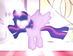 Size: 1143x872 | Tagged: safe, screencap, twilight sparkle, alicorn, pony, g4, twilight's kingdom, cropped, ethereal mane, female, glowing eyes, glowing horn, horn, light, magic, mare, solo, sparkles, spread wings, twilight sparkle (alicorn), wings