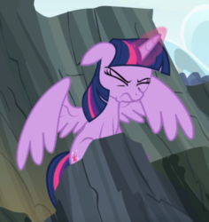 Size: 597x633 | Tagged: safe, screencap, twilight sparkle, alicorn, pony, g4, twilight's kingdom, cropped, eyes closed, female, glowing horn, horn, mare, solo, spread wings, struggling, twilight sparkle (alicorn), wavy mouth, wings