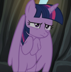 Size: 922x938 | Tagged: safe, screencap, twilight sparkle, alicorn, pony, g4, twilight's kingdom, belly, confused, cramped, cropped, featureless crotch, female, mare, solo, stuck, twilight sparkle (alicorn), twilight sparkle is not amused, unamused