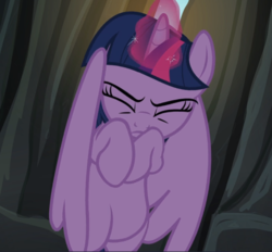 Size: 1011x938 | Tagged: safe, screencap, twilight sparkle, alicorn, pony, g4, twilight's kingdom, belly, cramped, cropped, crotch, eyes closed, featureless crotch, female, glowing horn, hind legs, horn, mare, solo, stuck, twilight sparkle (alicorn)
