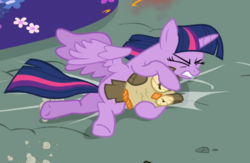 Size: 1079x705 | Tagged: safe, screencap, owlowiscious, twilight sparkle, alicorn, bird, owl, pony, g4, twilight's kingdom, crash, cropped, duo, eyes closed, female, gritted teeth, holding, lying down, spread wings, twilight sparkle (alicorn), wings