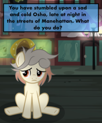 Size: 2500x3000 | Tagged: safe, artist:pizzamovies, oc, oc only, oc:osha, pony, dialogue, female, high res, lamppost, manehattan, mare, meme, night, sad, sitting, solo, street, text, what do
