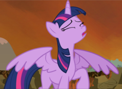 Size: 1297x939 | Tagged: safe, screencap, twilight sparkle, alicorn, pony, g4, twilight's kingdom, cropped, eyes closed, female, mare, missing cutie mark, open mouth, pain, raised hoof, solo, spread wings, twilight sparkle (alicorn), wings