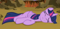 Size: 1337x660 | Tagged: safe, screencap, twilight sparkle, alicorn, pony, g4, twilight's kingdom, cheek squish, cropped, eyes closed, female, lying on the ground, mare, missing cutie mark, on side, solo, squishy cheeks, twilight sparkle (alicorn), weak