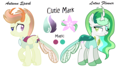 Size: 1024x576 | Tagged: safe, artist:starglaxy, oc, oc:autumn spark, oc:lotus flower, changepony, hybrid, female, male, offspring, parent:princess celestia, parent:thorax, parents:thoralestia, reference sheet, siblings, simple background, transparent background