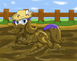 Size: 2000x1600 | Tagged: safe, alternate version, artist:amateur-draw, rarity, pony, unicorn, g4, covered in mud, female, fence, hat, mud, mud pony, muddy, overalls, pig pen, rarihick, solo, straw hat, tail, tail hole, wet and messy