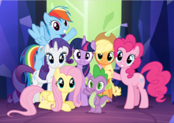Size: 1318x940 | Tagged: safe, screencap, applejack, fluttershy, pinkie pie, rainbow dash, rarity, spike, twilight sparkle, alicorn, dragon, earth pony, pegasus, pony, unicorn, g4, twilight's kingdom, cropped, fangs, female, group, looking at you, male, mane seven, mane six, mare, open mouth, prone, raised hoof, smiling, twilight sparkle (alicorn), underhoof, waving