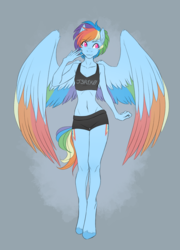 Size: 1584x2194 | Tagged: safe, artist:j3r1k0, rainbow dash, pegasus, anthro, unguligrade anthro, g4, :3, adonis belt, adorasexy, alternate hairstyle, beautiful, belly button, big eyes, booty shorts, both cutie marks, clothes, colored pupils, colored wings, colored wingtips, cute, dashabetes, delicious flat chest, female, hand on cheek, hooves, legs, mare, midriff, multicolored wings, no pupils, pink eyes, rainbow flat, rainbow wings, sexy, shorts, solo, sports bra, sports shorts, stupid sexy rainbow dash, thigh gap, thighs, wide hips, wing fluff, workout outfit