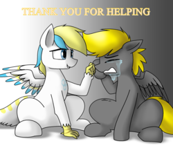 Size: 1908x1632 | Tagged: safe, artist:pencil bolt, oc, oc:cirrus sky, oc:pencil bolt, hippogriff, pegasus, pony, crying, duo, duo male and female, female, male, request, sad, simple background, sitting