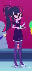 Size: 425x922 | Tagged: safe, screencap, sci-twi, twilight sparkle, equestria girls, g4, my little pony equestria girls: better together, twilight under the stars, atomic chocolate cake, cake, chocolate, chocolate cake, clothes, female, food, glasses, high heels, pantyhose, plate, ponytail, sci-twi outfits, shoes, skirt, solo