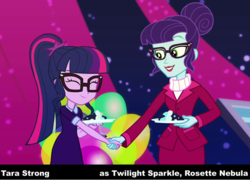 Size: 1440x1038 | Tagged: safe, screencap, rosette nebula, sci-twi, twilight sparkle, equestria girls, g4, my little pony equestria girls: better together, twilight under the stars, clothes, credits, end credits, glasses, hair bun, handshake, ponytail, skirt, skirt suit, suit, tara strong, voice actors