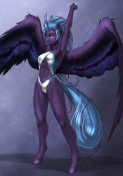 Size: 3325x4750 | Tagged: safe, artist:mykegreywolf, oc, oc only, oc:dracarna, pegasus, anthro, unguligrade anthro, abs, anthro oc, armpits, breasts, clothes, commission, female, mare, navel cutout, one-piece swimsuit, open-back swimsuit, reasonably sized breasts, smiling, solo, spread wings, stretching, swimsuit, wings