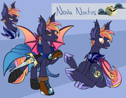 Size: 1280x994 | Tagged: safe, artist:twoshoesmcgee, oc, oc only, oc:nova noctus, bat pony, pony, alternate universe, bat pony oc, boots, cape, clothes, full moon, grin, guard, heirs of equestria, hoof shoes, male, moon, reference sheet, roleplay, shoes, smiling, solo, sword, weapon