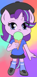 Size: 483x1000 | Tagged: safe, artist:empyu, starlight glimmer, unicorn, anthro, g4, beret, chibi, clothes, cute, dessert, female, food, french, glimmerbetes, hat, ice cream, looking at you, mare, shirt, shorts, socks, solo