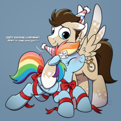 Size: 3882x3878 | Tagged: safe, artist:selenophile, rainbow dash, oc, oc:skittle, pegasus, pony, g4, birthday, blushing, canon x oc, cute, daaaaaaaaaaaw, dialogue, female, gift wrapped, hat, high res, male, mare, party hat, ribbon, shipping, skidash, stallion, straight