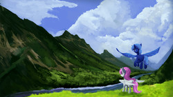Size: 1650x930 | Tagged: safe, artist:cyonixcymatro, princess celestia, princess luna, alicorn, pony, g4, cloud, complex background, digital art, female, filly, filly celestia, filly luna, flying, mare, mountain, river, scenery, sisters, spread wings, wings, woona, younger