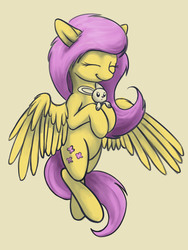 Size: 1250x1658 | Tagged: safe, artist:cyonixcymatro, angel bunny, fluttershy, pegasus, pony, g4, cute, duo, eyes closed, female, flying, hoof hold, mare, shyabetes, simple background, smiling, spread wings, three quarter view, wings