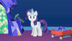 Size: 1280x720 | Tagged: safe, artist:forgalorga, rarity, pony, unicorn, pony and magical artifact, g4, animated, cart, female, glowing horn, horn, levitation, looking at you, magic, mare, mining, pickaxe, solo, telekinesis, twilight's castle, youtube link