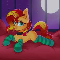 Size: 1654x1654 | Tagged: safe, artist:php97, sunset shimmer, pony, unicorn, g4, bed, choker, clothes, female, mare, moon, night, piercing, smiling, socks, solo, striped socks, tongue out, tongue piercing, window