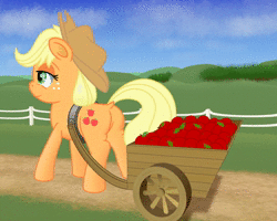 Size: 960x768 | Tagged: safe, artist:cybersquirrel, applejack, earth pony, pony, g4, animated, apple, apple cart, applebutt, butt, cutie mark, dock, female, food, freckles, hat, loop, no sound, outdoors, plot, solo, webm