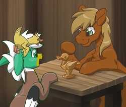 Size: 1494x1266 | Tagged: safe, artist:lockhe4rt, oc, oc:dolan, oc:duk, oc:jack of trades, duck pony, earth pony, pony, craft, cute, shipping, table, wholesome, wood, woodwork