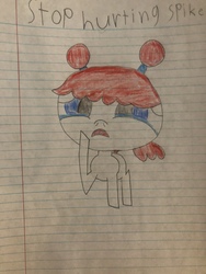 Size: 4032x3024 | Tagged: safe, artist:undeadponysoldier, oc, oc only, oc:molly, crying, emotional, implied spike, lined paper, pigtails, sad, spikelove, text, traditional art