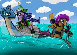 Size: 1920x1358 | Tagged: safe, artist:lizardwithhat, scootaloo, sea swirl, seafoam, lapras, pegasus, pony, unicorn, g4, dive mask, elbow pads, female, filly, flippers, flippers (gear), goggles, happy, helmet, hoverboard, irritated, mare, ocean, pokémon, ponies riding pokémon, riding, scooter, shocked, snorkel, wave, wetsuit