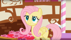 Size: 1674x935 | Tagged: safe, artist:forgalorga, screencap, fluttershy, pony, pony and magical artifact, g4, :i, female, fluttershy is not amused, mare, puffy cheeks, solo, unamused, youtube link