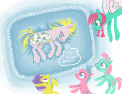 Size: 1153x891 | Tagged: safe, artist:needsmoarg4, nightcap (g1), pillow talk (g1), pink dreams, sleep tight (g1), sleepy head, earth pony, flutter pony, pony, g1, g4, female, filly, g1 to g4, generation leap, group, hat, lineless, mare, sleep tight