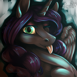 Size: 500x500 | Tagged: source needed, useless source url, safe, artist:sunny way, oc, oc only, oc:cognitio dissonantia, alicorn, pony, rcf community, alicorn oc, cute, female, horn, icon, mare, one eye closed, present, smiling, solo, tongue out, wings, wink