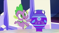 Size: 1280x720 | Tagged: safe, screencap, spike, alicorn, dragon, pony, g4, season 6, the crystalling, crystal heart, male, solo, vase