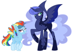 Size: 1549x1110 | Tagged: safe, artist:unicorn-mutual, princess luna, rainbow dash, pony, g4, alternate design, alternate hairstyle, base used, colored wings, female, lesbian, multicolored wings, ship:lunadash, shipping, simple background, transparent background