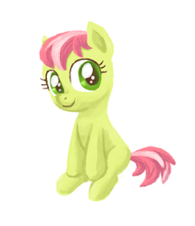 Size: 538x624 | Tagged: safe, artist:needsmoarg4, apple sprout, earth pony, pony, blank flank, female, filly, simple background, sitting, smiling, so soft, solo, toy, white background