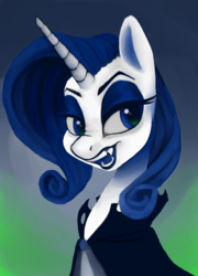Size: 1280x1781 | Tagged: safe, artist:violettacamak, rarity, pony, unicorn, vampire, g4, bust, clothes, digital art, fangs, female, lidded eyes, makeup, mare, simple background, solo