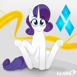 Size: 4000x4000 | Tagged: safe, artist:wumbl3, derpibooru exclusive, rarity, pony, unicorn, g4, belly button, blushing, eyeshadow, female, legs in air, lifted leg, looking at you, makeup, mare, smiling, solo, underhoof