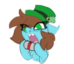 Size: 969x835 | Tagged: safe, artist:nekosnicker, oc, oc only, oc:neko, pony, alcohol, animated, beer, beer can, cider, drinking, funny, gif, hat, holiday, saint patrick's day, sharp teeth, solo, teeth