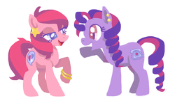 Size: 1219x720 | Tagged: safe, artist:needsmoarg4, chatterbox, talk-a-lot, earth pony, pony, g1, g4, alternate cutie mark, cutie mark, duo, duo female, ear piercing, female, g1 to g4, generation leap, lineless, mare, open mouth, piercing, simple background, sisters, white background