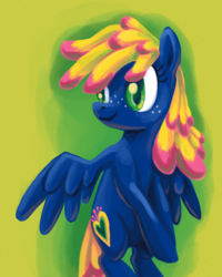 Size: 640x800 | Tagged: safe, artist:needsmoarg4, ploomette, pegasus, pony, g4, digital painting, female, flying, freckles, mare, smiling, solo