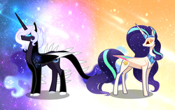 Size: 2000x1264 | Tagged: safe, artist:sugaryicecreammlp, oc, oc only, oc:lunar shadow, oc:phantasia, alicorn, pony, unicorn, colored wings, concave belly, female, male, multicolored wings, slender, thin