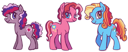 Size: 1280x521 | Tagged: safe, artist:needsmoarg4, mom cheerilee-scootaloo, mom dash, mom pie, earth pony, pony, g3, g3.5, g4, female, g3.5 to g4, generation leap, mare, mom, redesign, simple background, solo, trio, white background