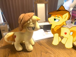Size: 4032x3024 | Tagged: safe, gameloft, photographer:undeadponysoldier, braeburn, earth pony, pony, g4, comparison, game, irl, male, photo, plushie, ponies in real life, self ponidox, stallion