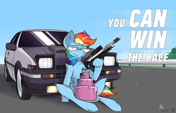 Size: 8000x5120 | Tagged: safe, artist:difis, rainbow dash, pegasus, pony, g4, cake, car, female, flamethrower, food, not a flamethrower, solo, text, toyota, weapon
