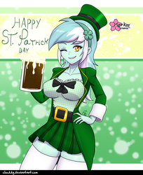 Size: 1000x1225 | Tagged: safe, artist:clouddg, lyra heartstrings, equestria girls, g4, alcohol, bowtie, breasts, busty lyra heartstrings, clothes, female, hat, holiday, lyrish, mug, multiple variants, one eye closed, saint patrick's day, slort, solo, top hat, vest, wink