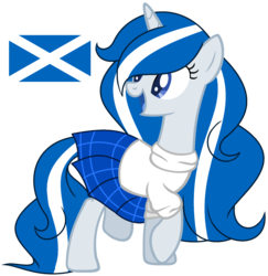 Size: 1640x1688 | Tagged: safe, artist:cosmicwitchadopts, oc, oc only, oc:balmoral, pony, unicorn, clothes, female, kilt, mare, nation ponies, open mouth, ponified, raised hoof, scotland, scottish, scottish flag, shirt, simple background, solo, sweater, transparent background