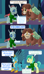 Size: 1920x3240 | Tagged: safe, artist:red4567, gallus, ocellus, sandbar, yona, g4, 3d, clothes, comic, green, green clothes, holiday, male, pinch, saint patrick's day, source filmmaker, sweater